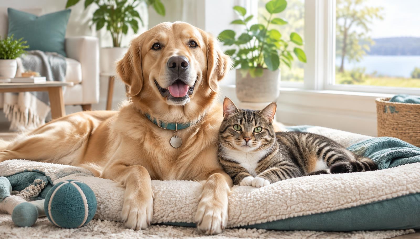 Healthy dog and cat resting together as part of lifelong pet wellness