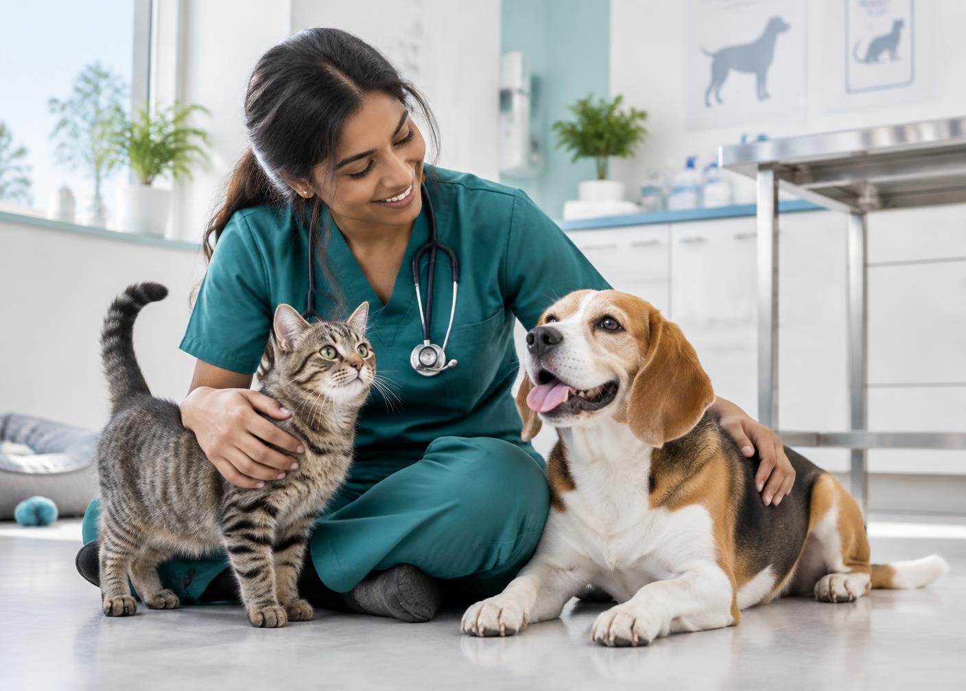 Veterinarian caring for a cat and dog in a clean Kharar animal clinic